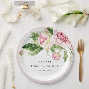 Assiettes En Carton Elégant rose vert pivoine Floral Merci Mariage