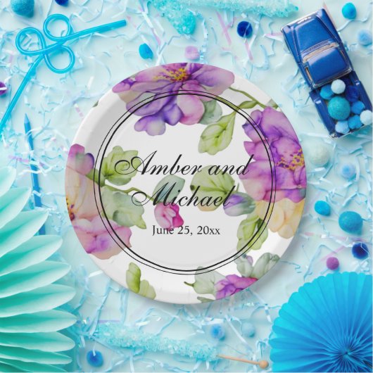 Assiettes En Carton Elégant rose violet aquarelle Mariage floral (Fête)