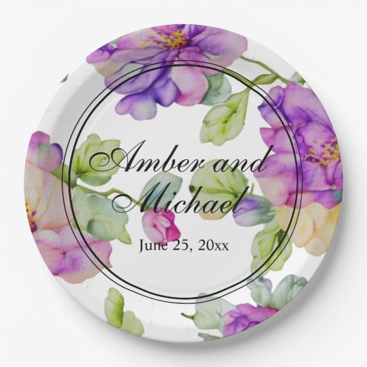 Assiettes En Carton Elégant rose violet aquarelle Mariage floral (Devant)
