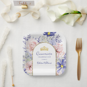 Assiettes En Carton Elégant rose violet Floral or Couronne Quinceañera