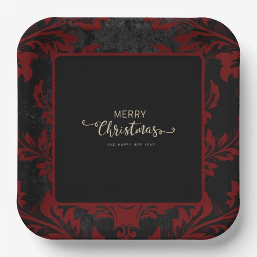 Assiettes En Carton Élégant rouge damassé Noël personnalisé Plaques en (Recto)