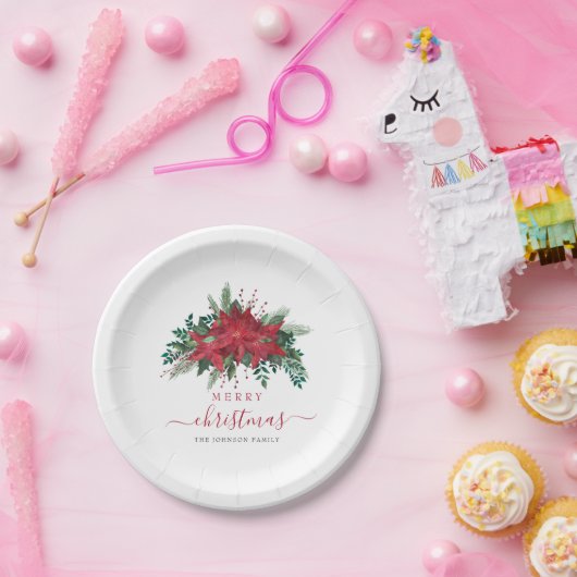 Assiettes En Carton Élégant Rouge Poinsettia Floral Script Noël (Fête)