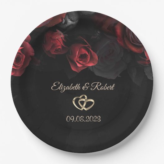 Assiettes En Carton Élégant rouge Roses Mariage gothique (Devant)