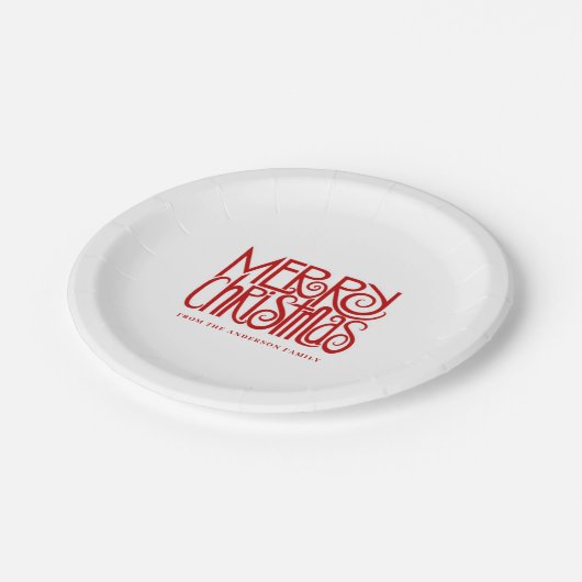 Assiettes En Carton Élégant Rouge Script Joyeux Noël Personnalisé (Angle)