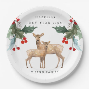ASSIETTES EN CARTON ÉLÉGANT ROUGE VERT HOLLY BERRY DEER DUO NOUVEL AN