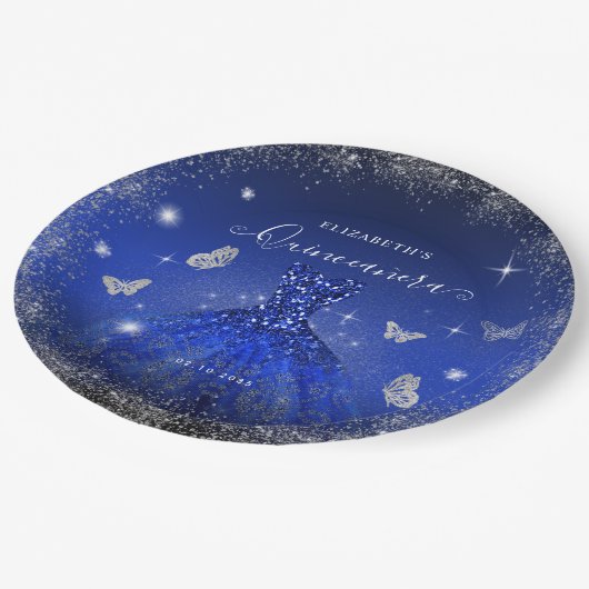 Assiettes En Carton Elégant Royal Blue Parties scintillant argent Gown (Angle)