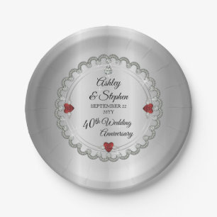 Assiettes En Carton Elégant Ruby   Diamants 40e anniversaire du Mariag