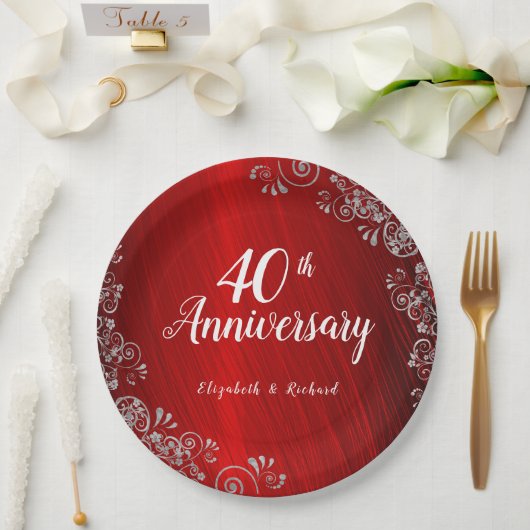 Assiettes En Carton Élégant Ruby Red Swirl 40e anniversaire (Mariage)
