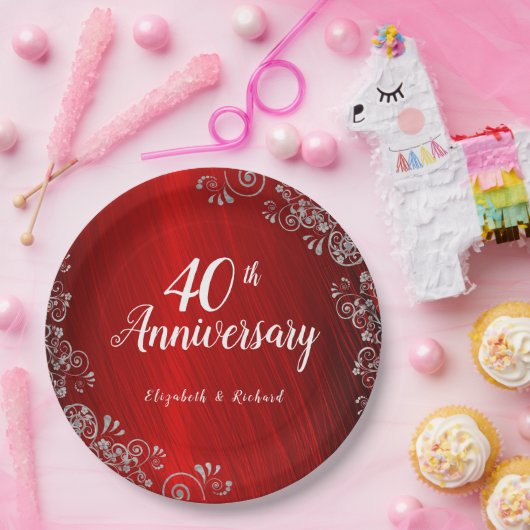 Assiettes En Carton Élégant Ruby Red Swirl 40e anniversaire (Fête)
