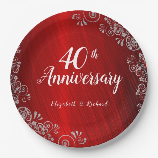 Assiettes En Carton Élégant Ruby Red Swirl 40e anniversaire (Devant)