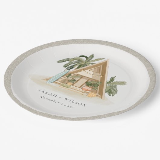 Assiettes En Carton Élégant Rustique Tropical Palm Beach Shack Mariage (Angle)
