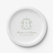Assiettes En Carton Elégant Sage Chinoiserie Monogram Crest Mariage (Devant)