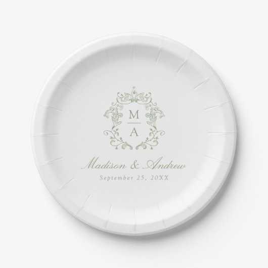 Assiettes En Carton Elégant Sage Chinoiserie Monogram Crest Mariage (Devant)