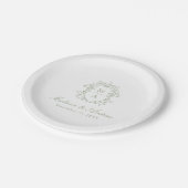 Assiettes En Carton Elégant Sage Chinoiserie Monogram Crest Mariage (Angle)