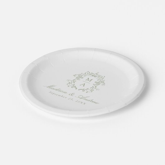 Assiettes En Carton Elégant Sage Chinoiserie Monogram Crest Mariage (Angle)
