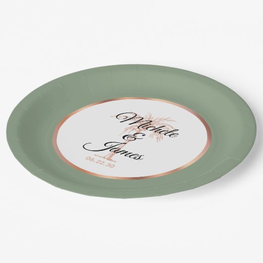 Assiettes En Carton Élégant Sage Green Gold Palm Tree Mariage tropical (Angle)