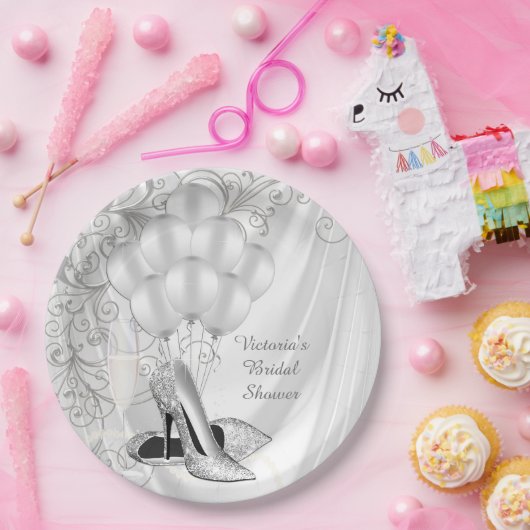 Assiettes En Carton Élégant Satin Blanc Chaussure Argentée Enterrement (Fête)