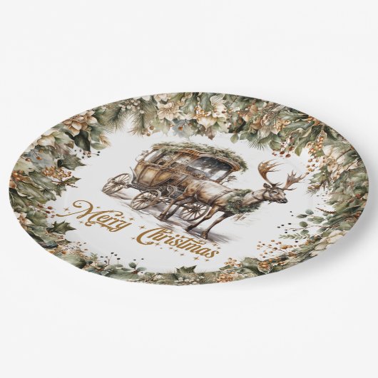 Assiettes En Carton Élégant sauge vert saint faux or Reindeer traîneau (Angle)