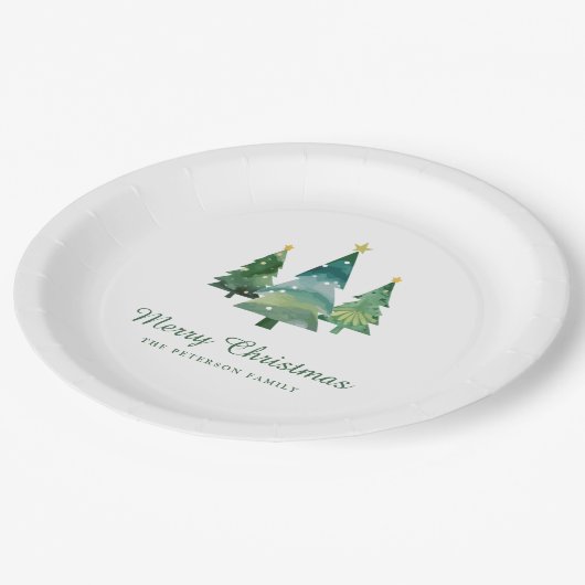 Assiettes En Carton Élégant Script Aquarelle Arbres de Noël (Angle)