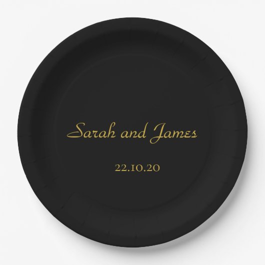 Assiettes En Carton Élégant Script Black and Gold Wedding Party (Devant)