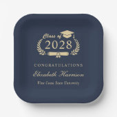 Assiettes En Carton Élégant Script Blue Gold Graduation (Recto)