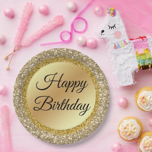 Assiettes En Carton élégant script classique heureux anniversaire, or  (Fête)