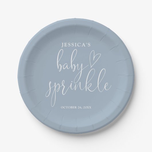 Assiettes En Carton Élégant Script Dusty Blue Baby Sprinkle Douche (Devant)