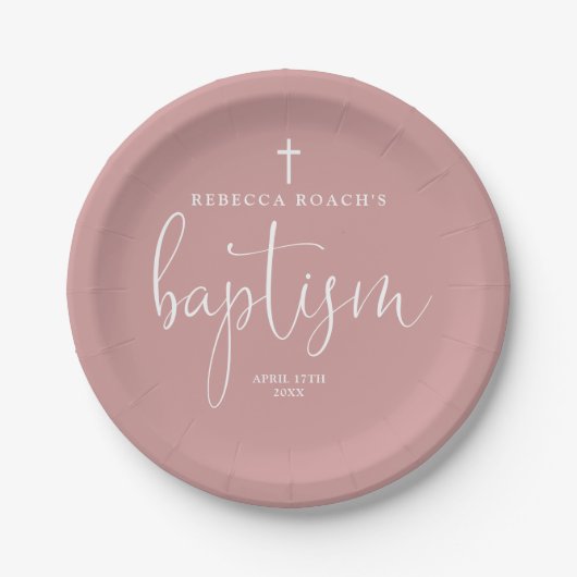 Assiettes En Carton Élégant Script Dusty Rose Pink Baptism (Devant)