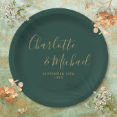 Assiettes En Carton Élégant Script Emerald Vert Et Mariage Or