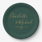 Assiettes En Carton Élégant Script Emerald Vert Et Mariage Or (Devant)