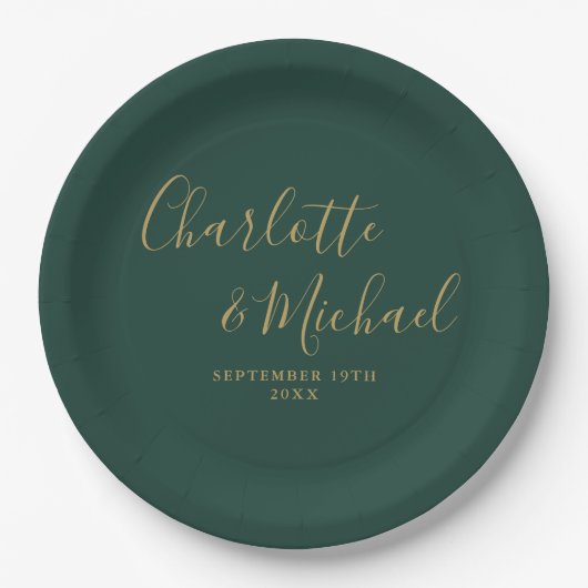 Assiettes En Carton Élégant Script Emerald Vert Et Mariage Or (Devant)