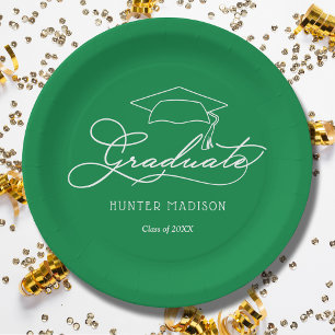 Assiettes En Carton Élégant Script Grad Casquette Green Graduation Pla