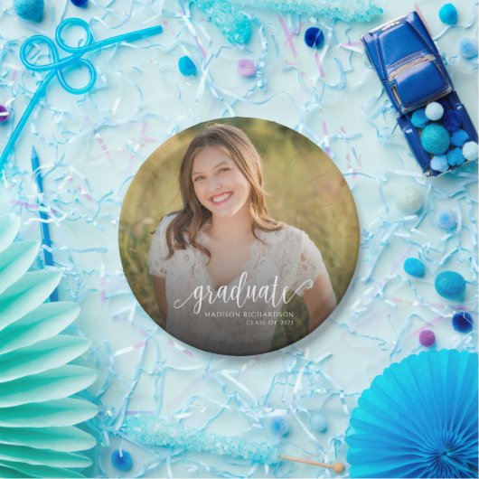 Assiettes En Carton Élégant Script Graduation Photo (Fête)