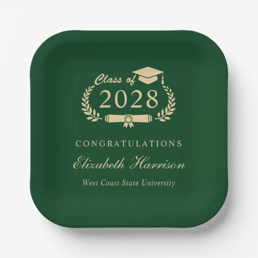 Assiettes En Carton Élégant Script Green Gold Graduation Party (Recto)