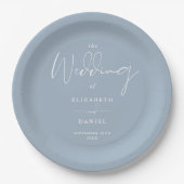 Assiettes En Carton Élégant script moderne Mariage bleu poussiéreux (Devant)