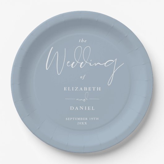 Assiettes En Carton Élégant script moderne Mariage bleu poussiéreux (Devant)