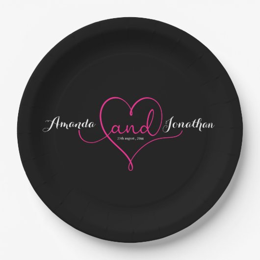 Assiettes En Carton Élégant Script noir avec Mariage de coeur rose (Devant)