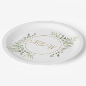 Assiettes En Carton Élégant script or Monogramme Initiales Verdure (Angle)