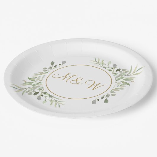 Assiettes En Carton Élégant script or Monogramme Initiales Verdure (Angle)