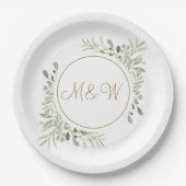 Assiettes En Carton Élégant script or Monogramme Initiales Verdure (Devant)