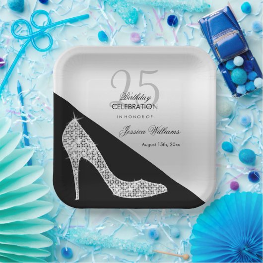 Assiettes En Carton Elégant Sequin Stiletto, Argent et Noir Anniversai (Fête)