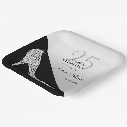 Assiettes En Carton Elégant Sequin Stiletto, Argent et Noir Anniversai (Angulaire)