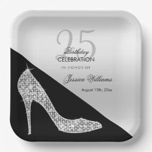Assiettes En Carton Elégant Sequin Stiletto, Argent et Noir Anniversai