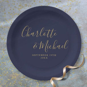 Assiettes En Carton Élégant Signature Script Marine Mariage bleu or