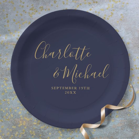 Assiettes En Carton Élégant Signature Script Marine Mariage bleu or