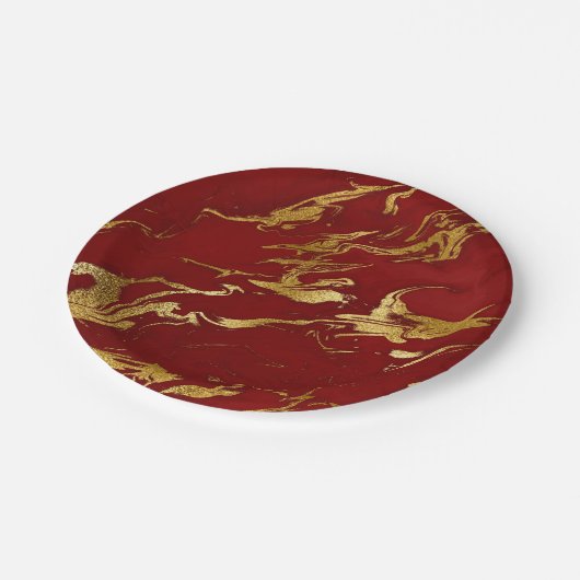 Assiettes En Carton Elégant style moderne or & marbre rouge look (Angle)
