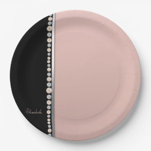 Assiettes En Carton Elégant Stylish Pearls Diamonds Rose Noir