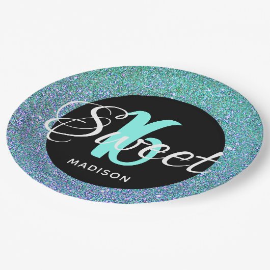 Assiettes En Carton Elégant Sweet 16 Aqua Parties scintillant Bleue Pe (Angle)