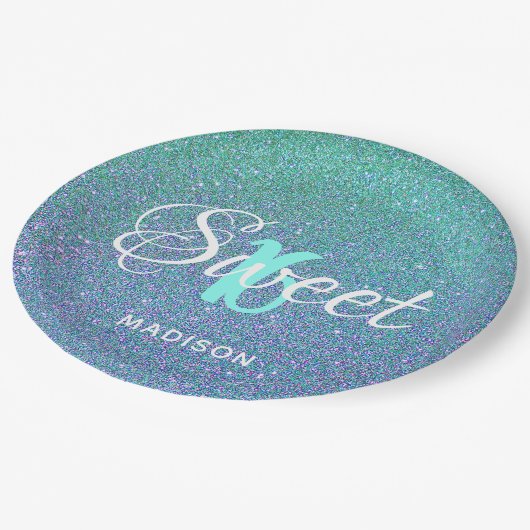 Assiettes En Carton Élégant Sweet 16 Parties scintillant bleue Turquoi (Angle)