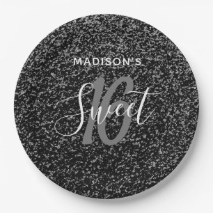 Assiettes En Carton Élégant Sweet 16 Specks d'argent noir Personnalisé